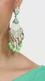 Mint Green clear crystal pair Meenakari Earrings danglers, Pearl Jhumka, Bollywood Earrings, Pakistani Earrings, Punjabi Jewelry/Jhumkas
