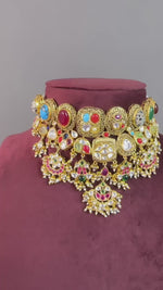 Multicolor Polki Floral Choker Earrings Set, Multicolor Polki Jewelry, Floral Polki Choker Earrings Set, Floral Jewellery, Polki Floral Necklace Set, Wedding Polki Jewelry Set, Polki Necklace, Polki Earrings, Bridal Polki Earrings, Indian Choker Set