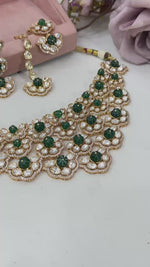 Kundan Choker Necklace Set with Green Stones | Indian Kundan Jewellery with Matching Earrings & Maang Tikka