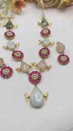 Natural Stone & Jadau Kundan Bird Motif Necklace Set with Matching Earrings