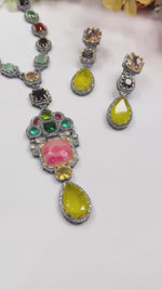 Antique Multicolor Stone Necklace Set with Earrings – Oxidized Finish Statement Jewelry