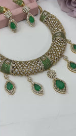 Emerald Green & Cubic Zirconia Choker Necklace Set | Gold Plated Bridal Jewelry for Weddings | Indian Ethnic Statement Necklace with Matching Earrings