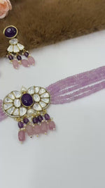 Pink Beaded Kundan Choker Necklace Set with Earrings for Women | Gold Plated Purple Stone Bridal Jewellery | Traditional Indian Wedding & Party Wear