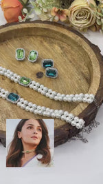 Pearl Choker Necklace Set with Emerald Cut Green & Blue Crystal Stud Earrings – Elegant Bridal & Party Jewelry