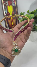 Victorian Polki Diamond Necklace Set with Emerald & Ruby Stones | Sabyasachi Inspired Bridal Jewelry | Dual Tone Gold Choker & Earrings Set for Weddings