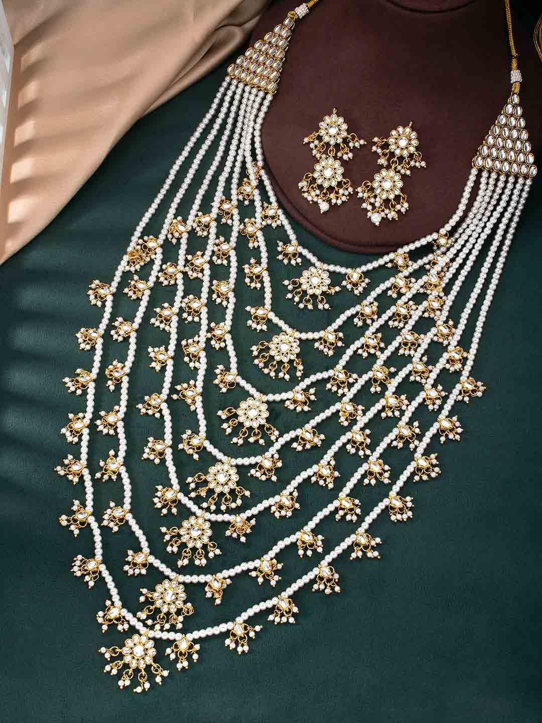 Floral Multi Layered Gold-Plated & Green Stone-Studded Jewellery Set