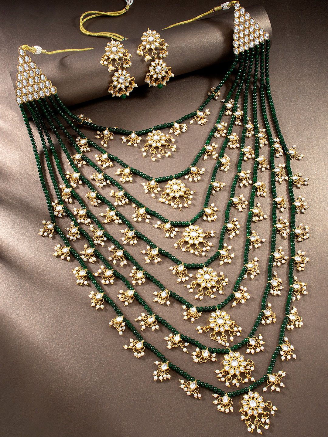 Floral Multi Layered Gold-Plated & Green Stone-Studded Jewellery Set