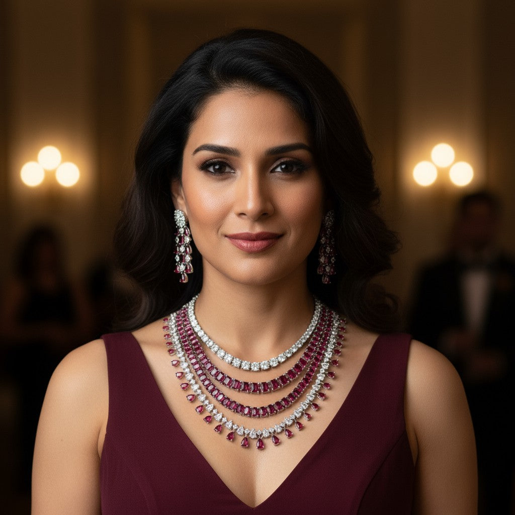 Luxury Ruby & Diamond Choker Necklace Set – Elegant Bridal Statement - Libasaa.com