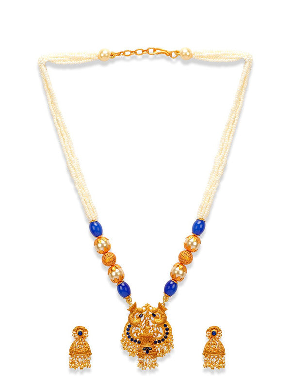  Women Blue & White Gold-Plated Temple Jewellery Set - Libasaa