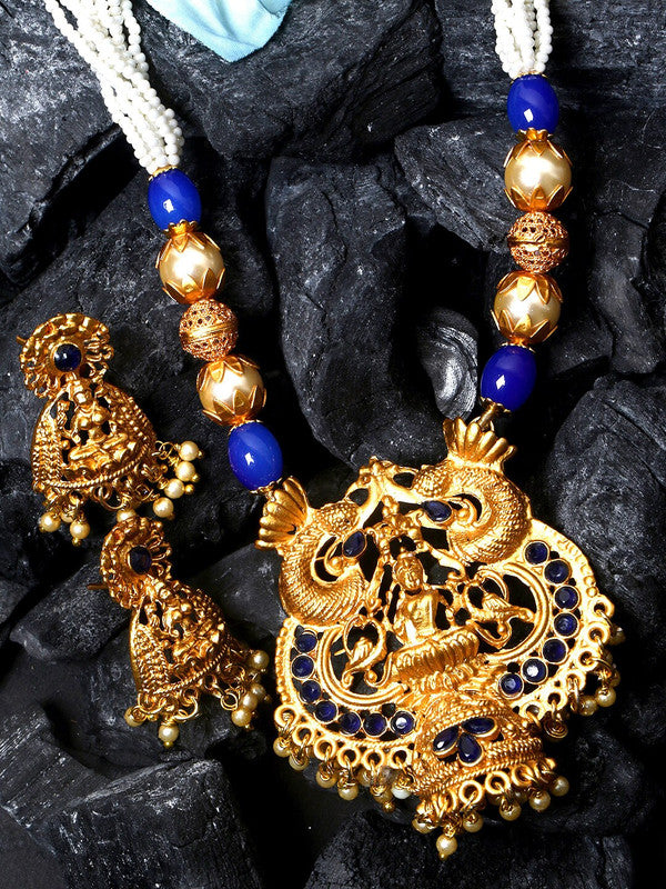  Women Blue & White Gold-Plated Temple Jewellery Set - Libasaa