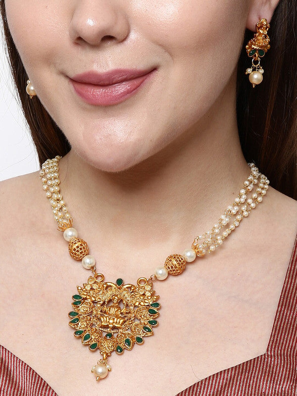 Multi Layered Maa Laxmi Temple Green Beaded Necklace Earrings For Women - Libasaa