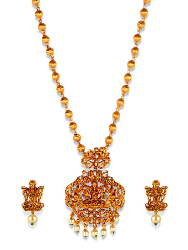 Textured Temple Necklace & Earrings Set Gold-Plated & White Beaded Maa Laxmi Temple Jewellery Set - Libasaa