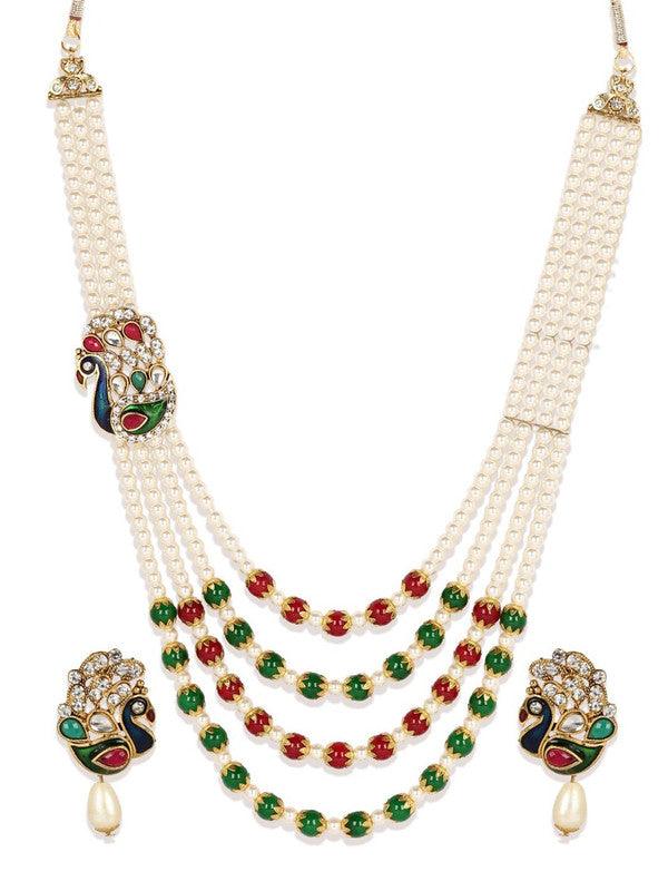 Multiple Pearl Strings Peacock Inspired Necklace Set for Women - Libasaa