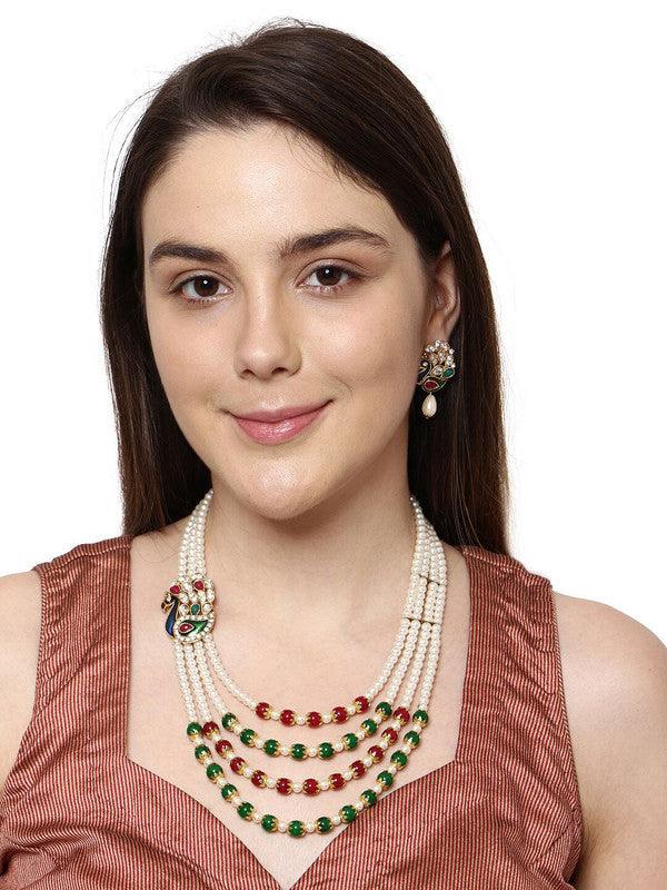 Multiple Pearl Strings Peacock Inspired Necklace Set for Women - Libasaa