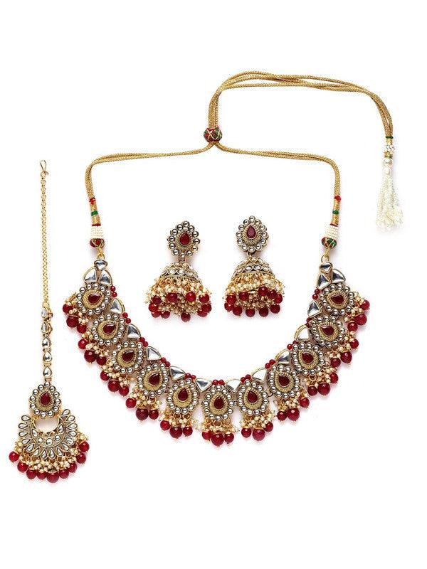 Maroon Gold Plated Necklace Set With Mang Tika & Earring For Indian Festival Girls Women - Libasaa