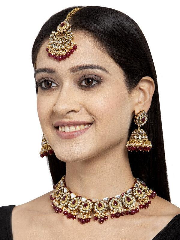 Maroon Gold Plated Necklace Set With Mang Tika & Earring For Indian Festival Girls Women - Libasaa