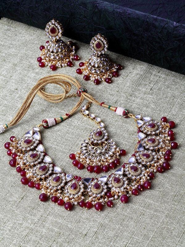 Maroon Gold Plated Necklace Set With Mang Tika & Earring For Indian Festival Girls Women - Libasaa