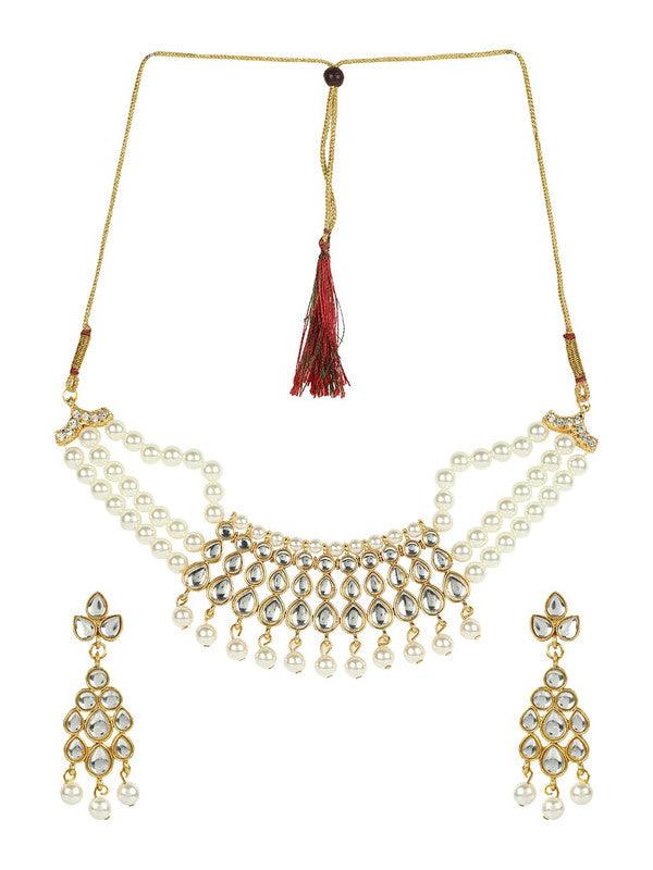 Elegant White Pearl Beautiful Necklace Set With Stone Earring & Mang Tika For Festival Girls Women - Libasaa