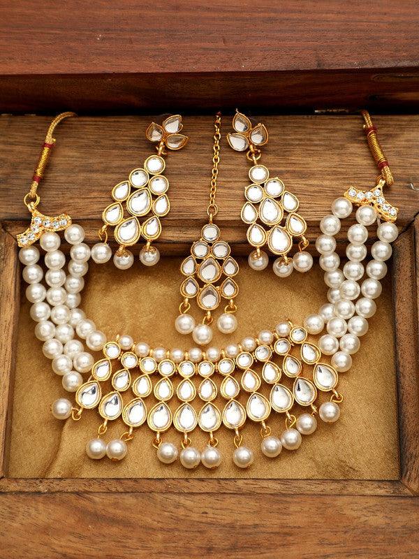 Elegant White Pearl Beautiful Necklace Set With Stone Earring & Mang Tika For Festival Girls Women - Libasaa