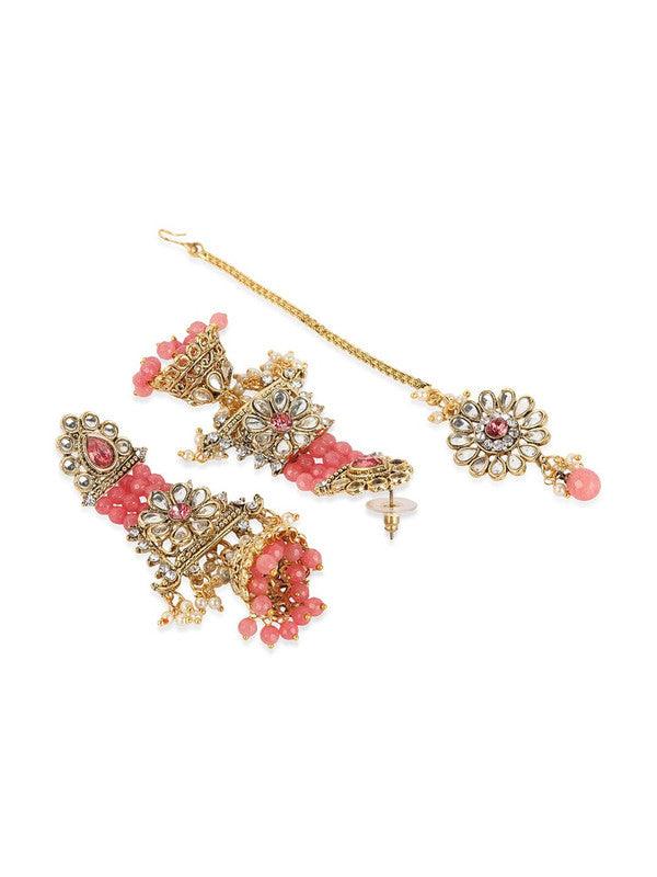 Pink Pearl Ethnic Indian Jewellery With Mang Tika & Earring Set For Girls Women - Libasaa