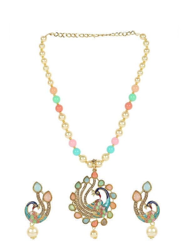 Traditional Multicolor Peacock Meenakari Pedant Necklace Set For Girl women With Beautiful Earring - Libasaa