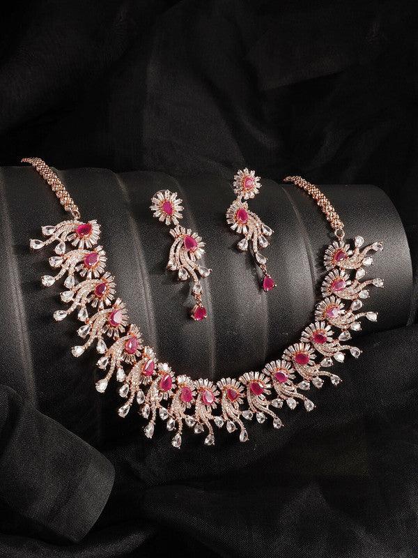 Gold-Plated Magenta Pink American Diamond Stone Studded Choker Necklace - Libasaa