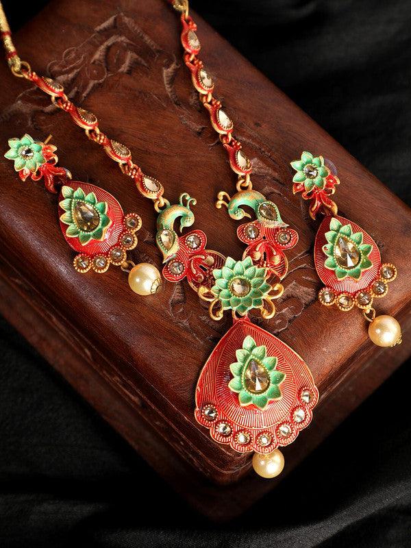 Red Green Peacock Boho Vintage Necklace Earring Set For Gift Girl Women - Libasaa