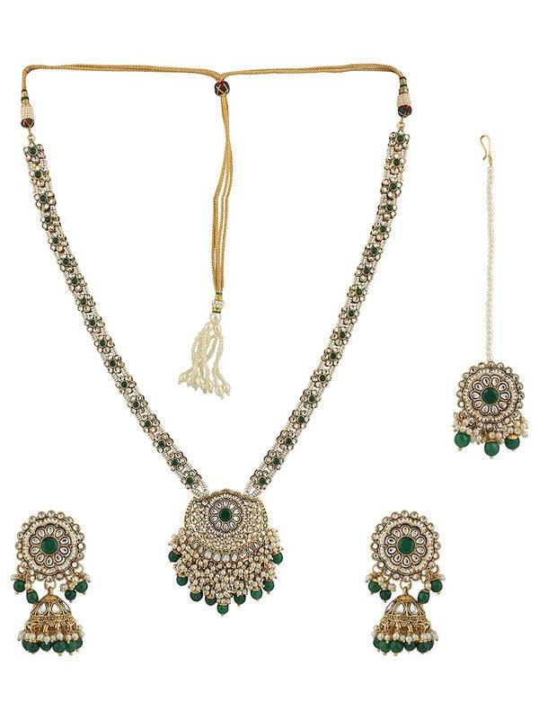 Silver Green Polki style Necklace with mang tika Earring Necklace Set For Girl Women - Libasaa