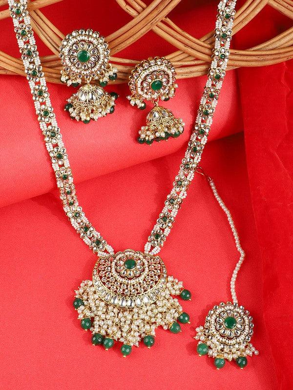 Silver Green Polki style Necklace with mang tika Earring Necklace Set For Girl Women - Libasaa