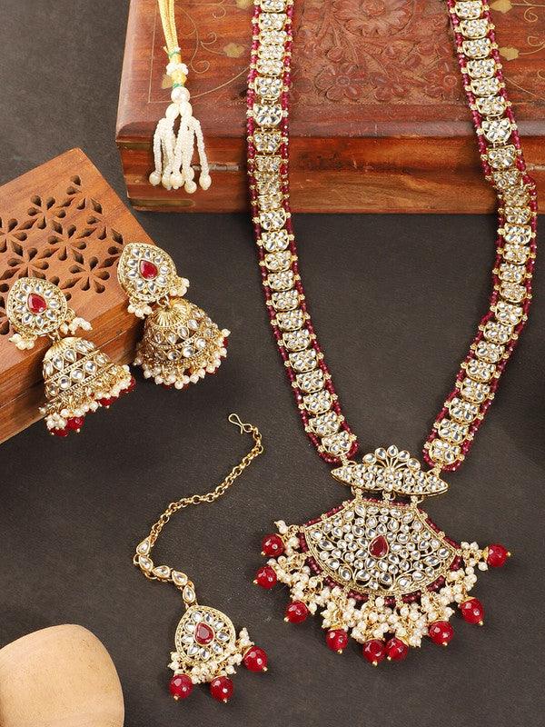 Red Gold Bharatanatyam Kuchipudi Indian Jewellery With Mang Tika Earring For Girls Women Bride - Libasaa