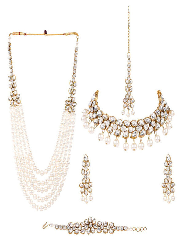 5-Pcs White & Gold-Toned Kundan & Pearl Jewellery Set - Libasaa