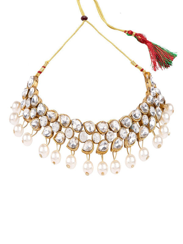 5-Pcs White & Gold-Toned Kundan & Pearl Jewellery Set - Libasaa