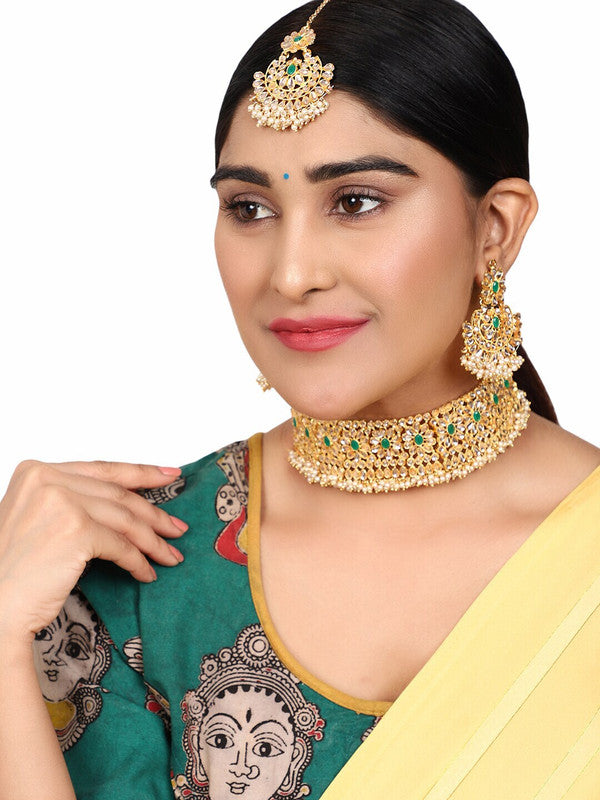 Classic Green & White Stone-Studded & Beaded Traditional Gold Plated With Mang Tika Earring Jewellery Set - Libasaa