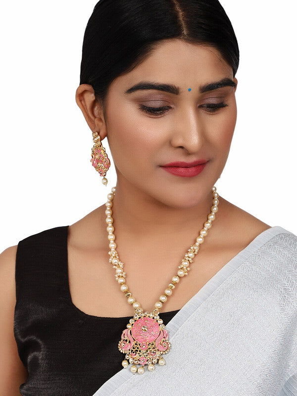 Pink Thali Chain Gold Peral Jewellery Set With Pink Earring For Festival - Libasaa