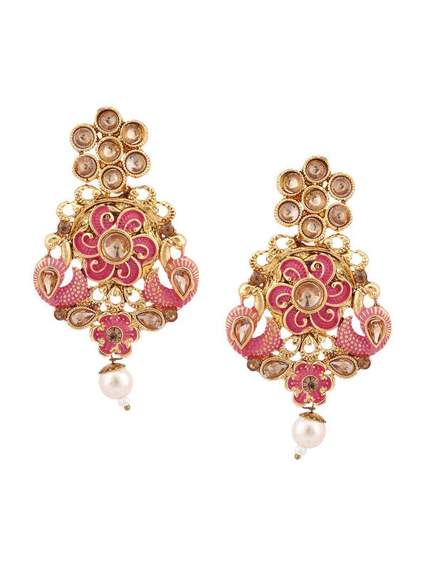 Pink Thali Chain Gold Peral Jewellery Set With Pink Earring For Festival - Libasaa