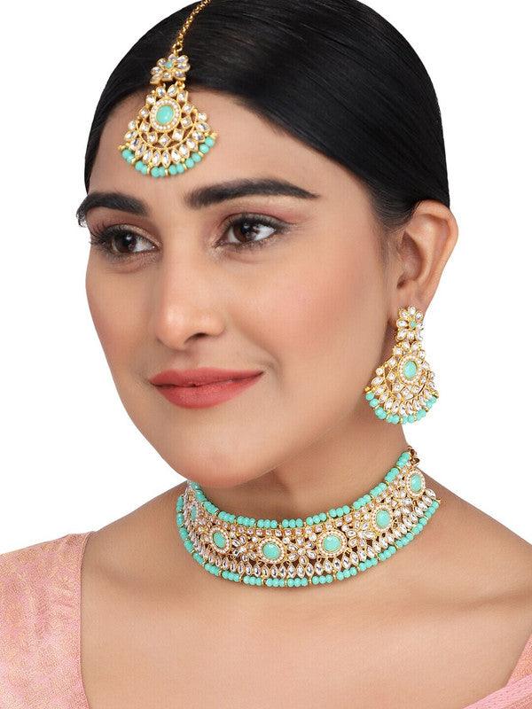 Gold-Plated White & Sea Green Stone-Studded & Beaded Jewellery Set - Libasaa