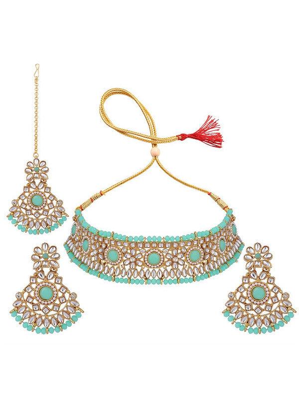 Gold-Plated White & Sea Green Stone-Studded & Beaded Jewellery Set - Libasaa