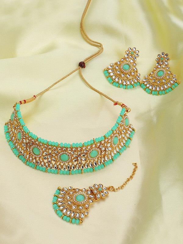 Gold-Plated White & Sea Green Stone-Studded & Beaded Jewellery Set - Libasaa