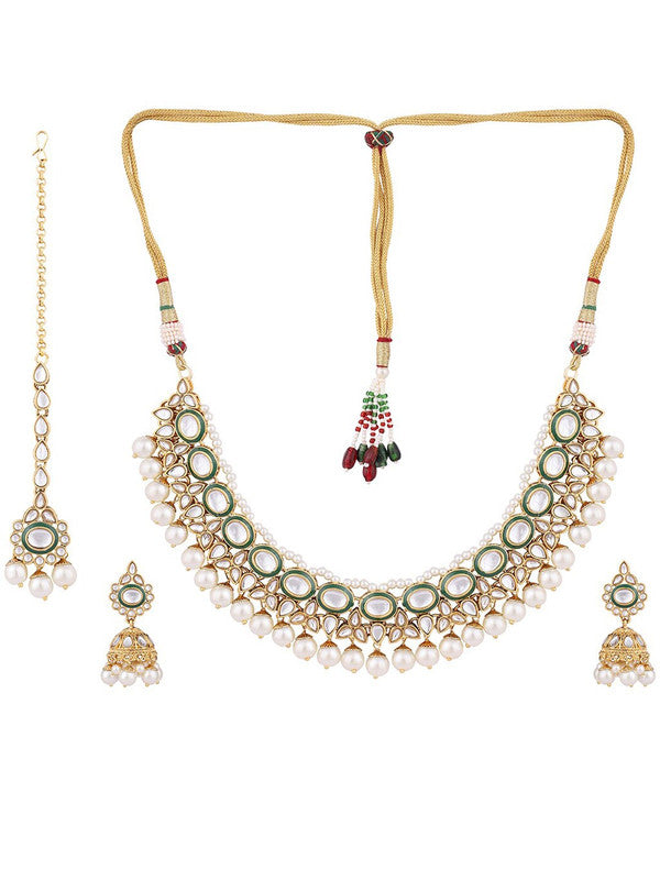 White Pearls Beads Kundan Gold Plated Green Choker Set with MaangTikka - Libasaa