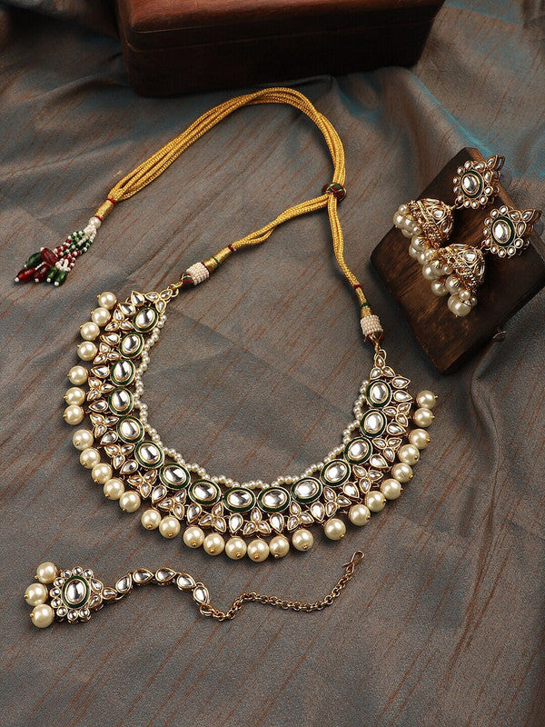 White Pearls Beads Kundan Gold Plated Green Choker Set with MaangTikka - Libasaa