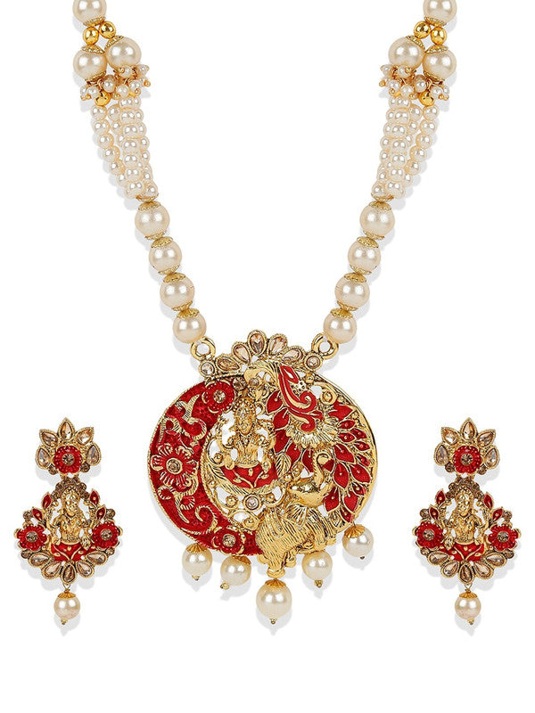 Red and Gold-Plated Stone-Studded Jewellery Set - Libasaa
