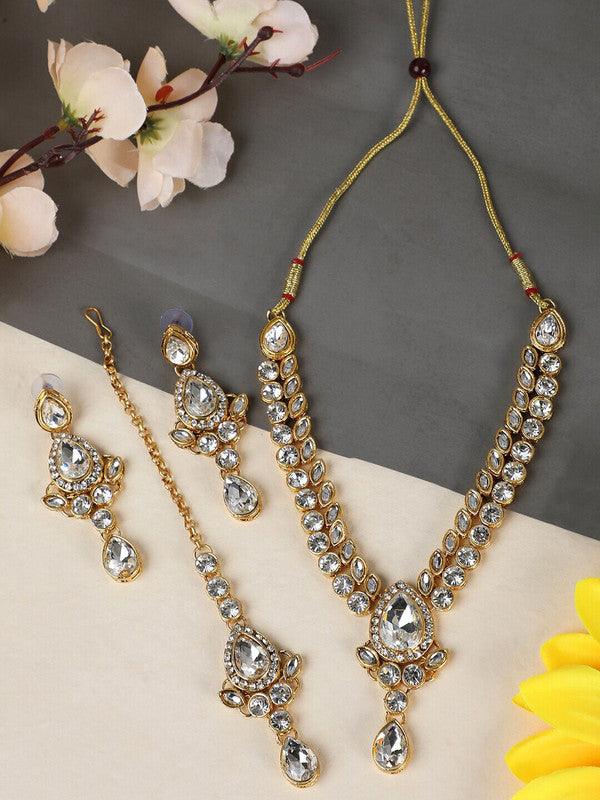 Gold-Toned Stone-Studded White Beaded Earring With Mang tika Indian Jewellery For Women - Libasaa