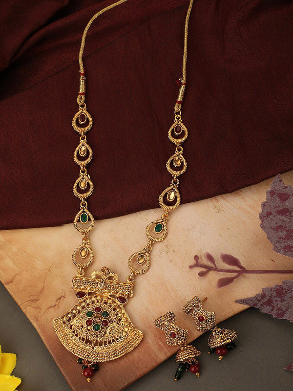Women Gold Tone Traditional Multicolor Stone Earring Jewellery set For Women - Libasaa