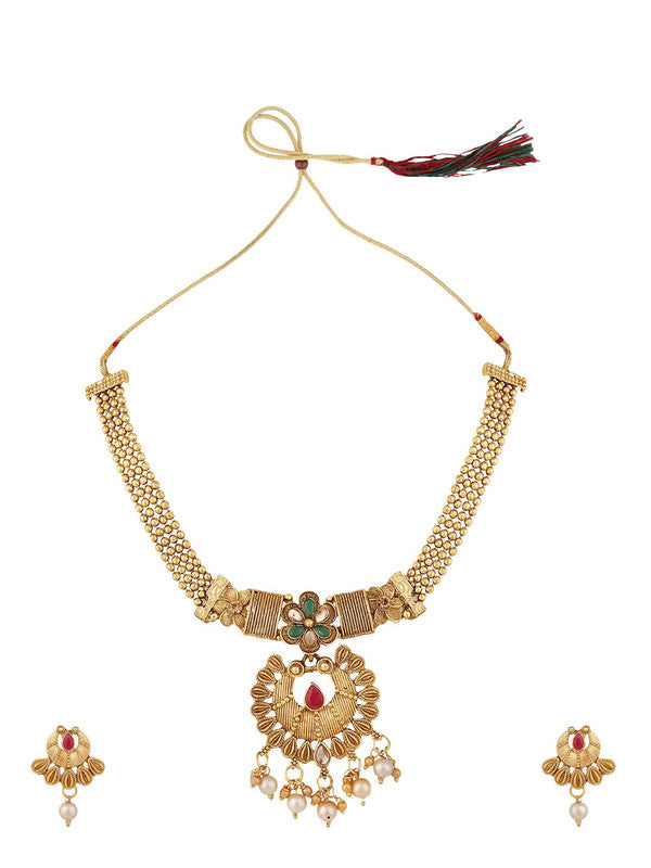 Women's Gold Plated Traditional Filgaree Stone And Pearl Brass Necklace With Earring - Libasaa