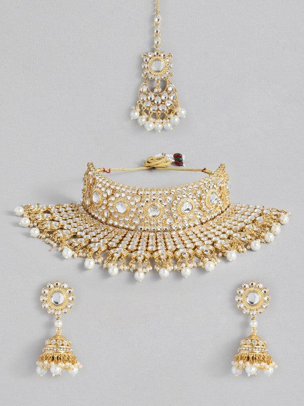 Indian Ethnic Gold Plated Rajasthani Kundan Pearl Bridal Choker Necklace Earrings with Maang Tikka Traditional Jewellery Set for Women - Libasaa