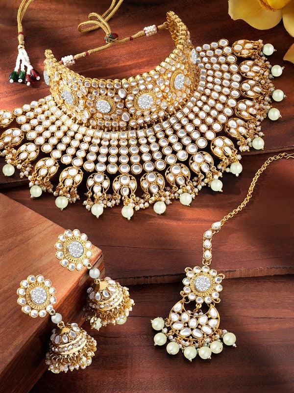 Indian Ethnic Gold Plated Rajasthani Kundan Pearl Bridal Choker Necklace Earrings with Maang Tikka Traditional Jewellery Set for Women - Libasaa