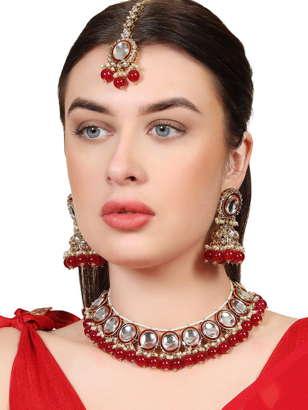 Gold-Plated Kundan-Studded & Pearl Beaded Jewellery Set - Libasaa