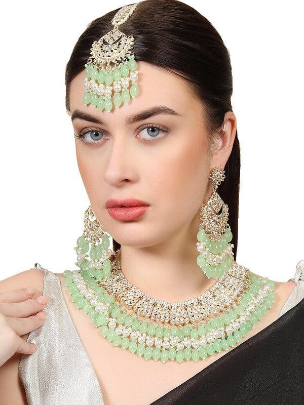 Sea Green Traditional Gold Plated Kundan and Bead Necklace With Earring Maangtika - Libasaa