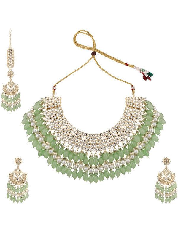 Sea Green Traditional Gold Plated Kundan and Bead Necklace With Earring Maangtika - Libasaa