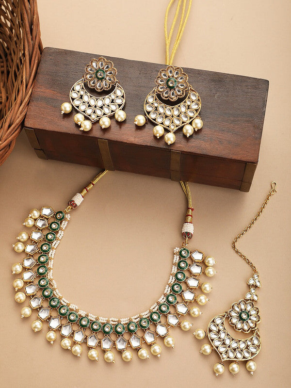 Gold-Plated Kundan & Pearl-Studded Meenakari Jewellery Set - Libasaa